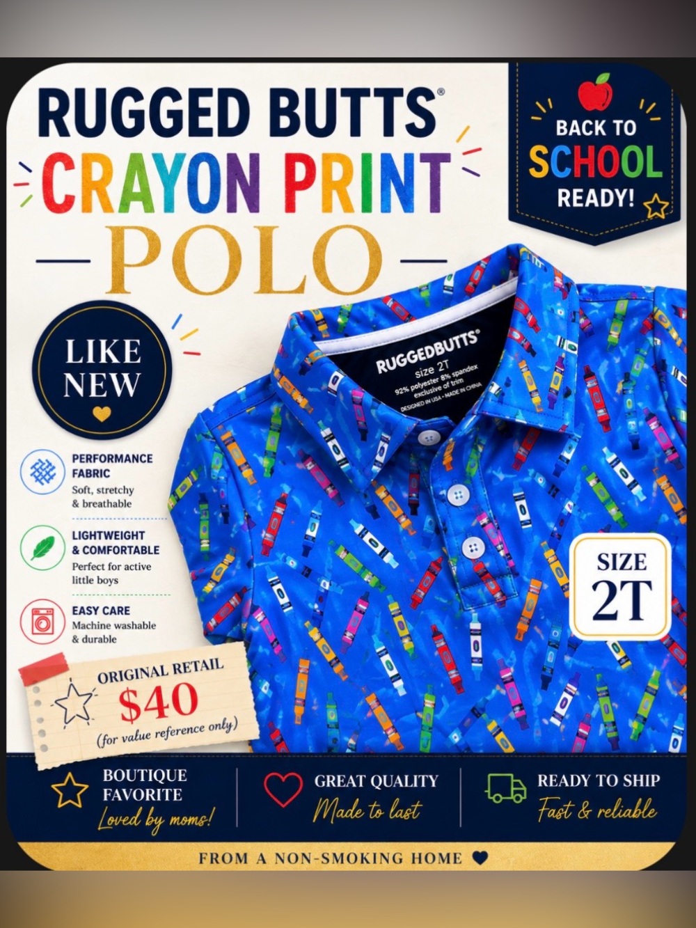 Rugged Butts Crayon Print Polo 2T | Like New | Performance Stretch
